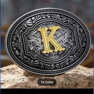 New silver initial letter K belt buckle.  ALL LETTERS AVAILABLE
